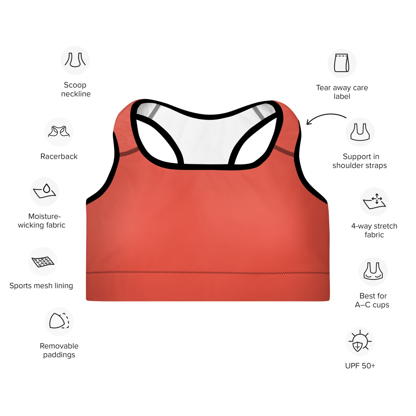 ORANGE RED - PADDED SPORTS BRA